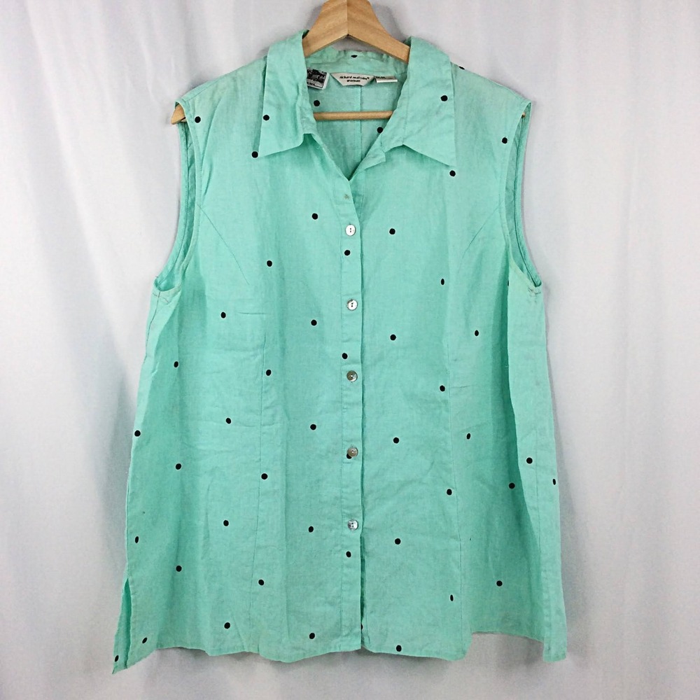 Richard Malcolm Irish Linen Top Plus Size 3X Mint Green Polka Dot Sleeveless